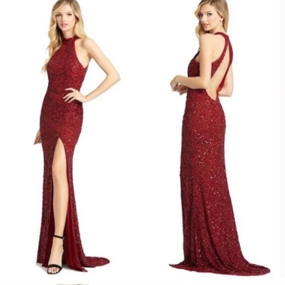 Mac Duggal Dresses & Skirts - Mac Duggal 4112 Embellished Sequin Halter Backless Column Gown Garnet size 2